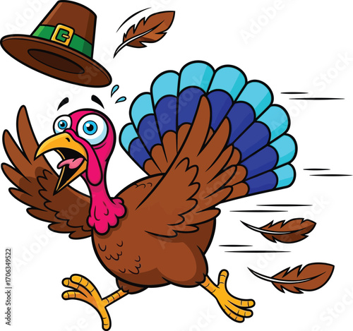 Vector art of running cartoon turkey with blue tail feathers and hat