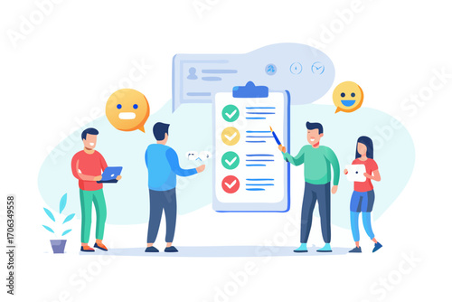 People reviewing a checklist with positive and negative feedback