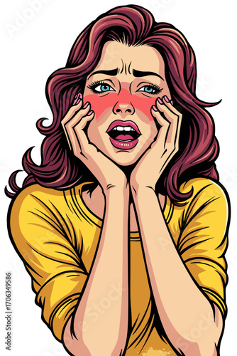 Woman with sinus pain in distressed mood with expressive facial features copy space