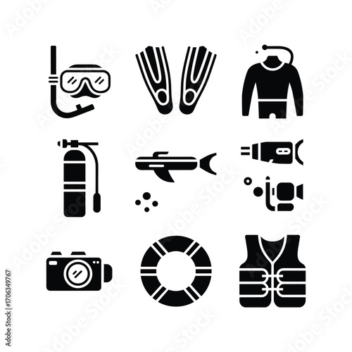 Collection of black and white icons representing scuba diving and water sports equipment for adventure
