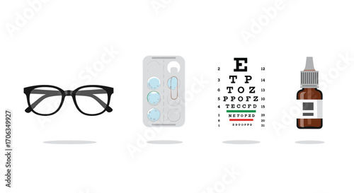 Essential eye care collection featuring glasses contact lenses eye chart and dropper bottle for vision health and optical services, Generative AI.