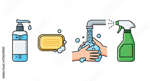 Promote hygiene and cleanliness with essential soap sanitizer and handwashing visuals, Generative AI.