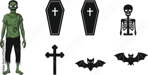 Spooky halloween elements including a zombie coffins skeleton bats and cross