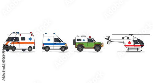 Emergency response vehicles including ambulances off-road vehicle and helicopter ready for action in medical emergencies, Generative AI.