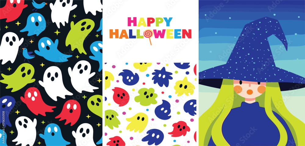 Naklejka premium Spooky fun and festive Halloween design elements with adorable cartoon ghosts, playful patterns, and a charming witch illustration for seasonal projects
