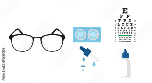 Professional eye care essentials including glasses contact lenses eye chart and drops for vision health and ocular wellness, Generative AI.