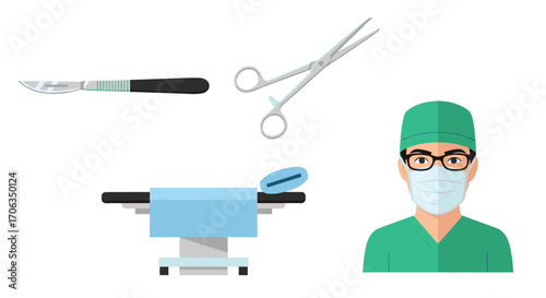 Professional surgeon in scrubs and mask stands ready with scalpel scissors and operating table for critical medical procedures, Generative AI.