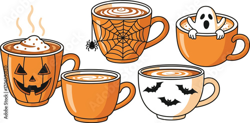 Spooky halloween themed coffee cups with ghost spiderweb jackolantern designs