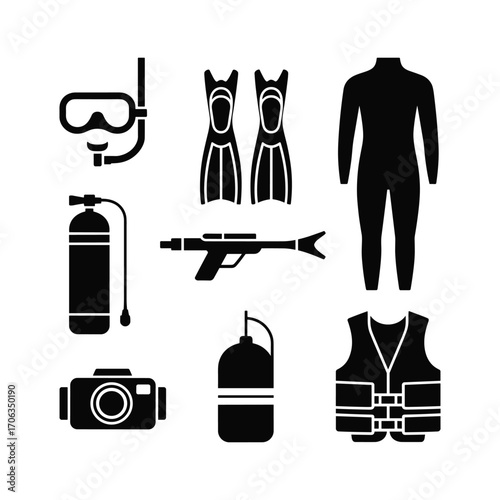 Collection of scuba diving equipment silhouettes for underwater exploration and adventure