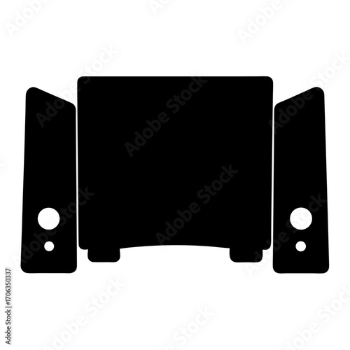 Stereo System Icon with Speakers and Subwoofer, Simple Black and White