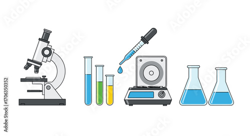 Professional science lab equipment for research and discovery including microscope test tubes and flasks, Generative AI.