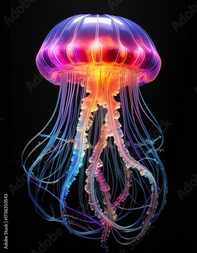 Rainbow colored jellyfish against a black background