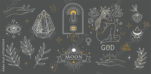 Esoteric and Mystical Symbols Collection Crystals, Celestial Bodies, and Divine Feminine Imagery