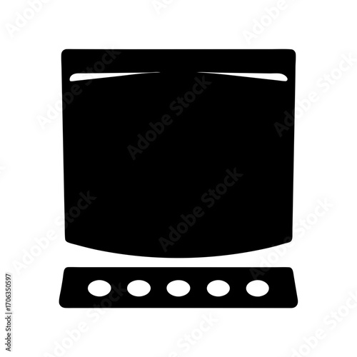 Minimalist oven illustration with five circular control buttons in black and white