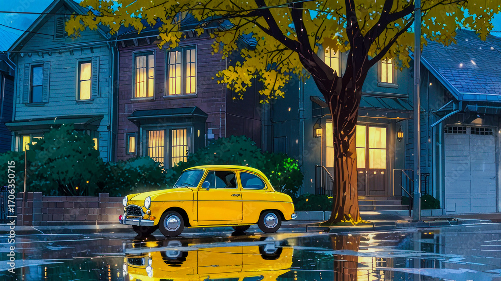 Fototapeta premium Anime-style rainy city street. A vintage yellow car parked in front of a house.