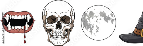 Spooky halloween elements featuring vampire fangs skull moon and witch hat