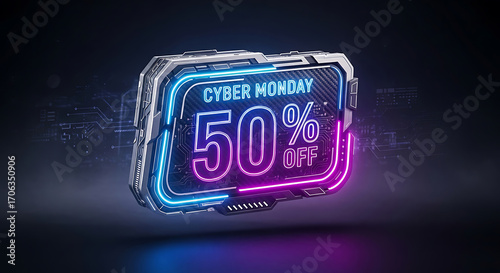 Cyber monday futuristic cyber monday sale badge with 50 off discount, neon glowing light effect, modern technology style, perfect for online promotion campaign