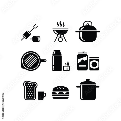 Camping and barbecue icons collection food cooking gear and outdoor recreation elements