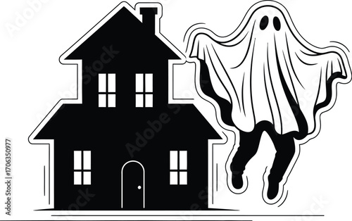 Spooky ghost flying near a haunted house in a black and white illustration 75