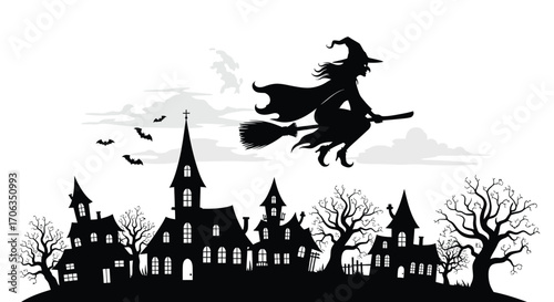 Silhouette of a witch flying over haunted houses on halloween night artwork