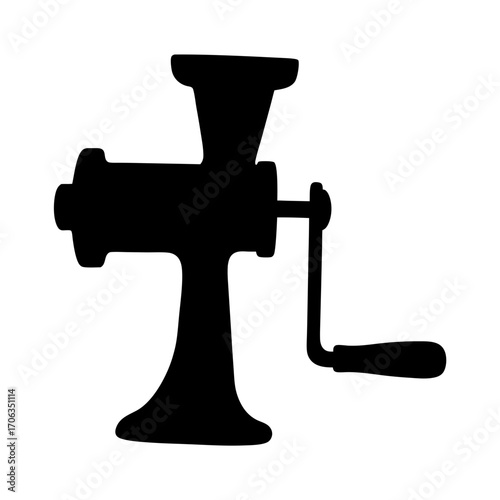 Silhouette of a vintage hand crank meat grinder used for cooking