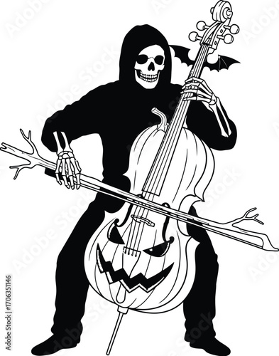 Grim reaper playing a jacko'lantern cello on a white background illustration