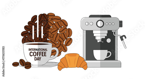 Celebrate International Coffee Day with a fresh brew delicious croissant and modern espresso machine for the perfect morning, Generative AI.