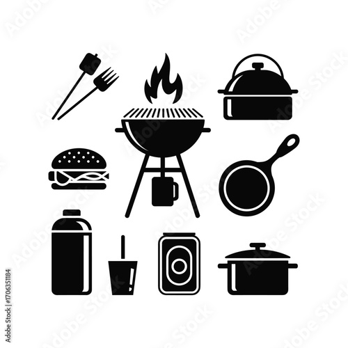 Barbecue grill and cooking utensils silhouette icons set for outdoor grilling and food preparation