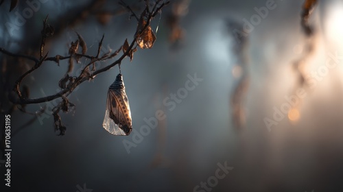 Butterfly Chrysalis Hanging on a Twig Ready to Emerge in Soft Hazy Light Scenery