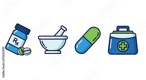 Discover essential healthcare icons including a prescription bottle mortar and pestle capsule and first aid kit for modern medical concepts, Generative AI.
