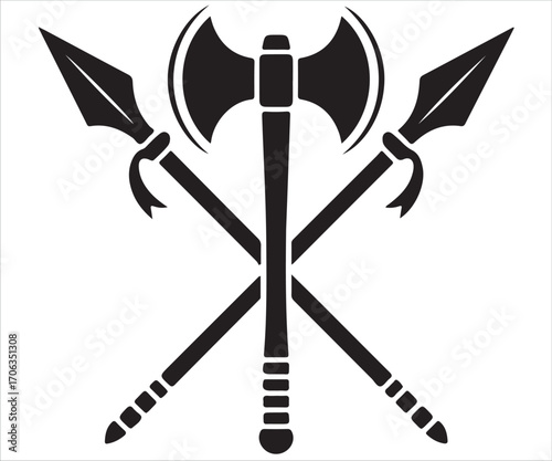 Black silhouette of crossed spears and battle axe, medieval weapon vector illustration symbolizing war, combat, warrior spirit, historic arms, Viking heritage, strength, ancient tools, and military de