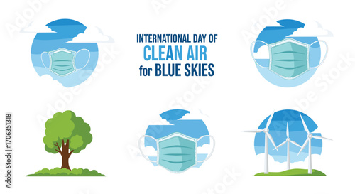 Protecting our planet's blue skies with clean air and healthy environments featuring masks trees and wind turbines, Generative AI.