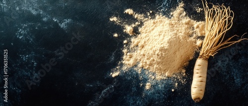 Ginseng root and powder overhead view of beige herbal ingredient on dark background