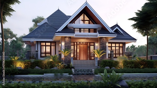 Elegant single-story house with intricate roofing, lush landscaping and inviting entry way at dusk