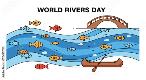 Vibrant river teeming with colorful fish a canoe glides under a charming bridge perfect for World Rivers Day celebrations, Generative AI.
