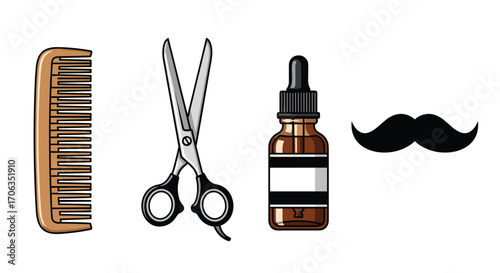 Grooming essentials like a wooden comb scissors beard oil bottle and mustache icon for stylish men's care and barber shop promotions, Generative AI.