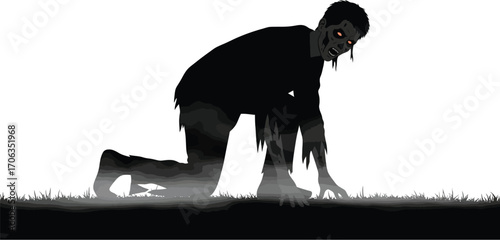 Silhouette of a zombie crawling through fog in a dark and spooky illustration