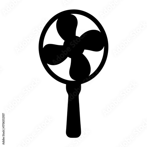 A minimalist black and white illustration of an electric fan with four blades