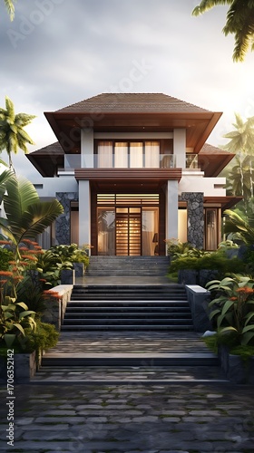 Elegant tropical residence nestled amidst lush foliage evoking serenity and sophisticated lifestyle