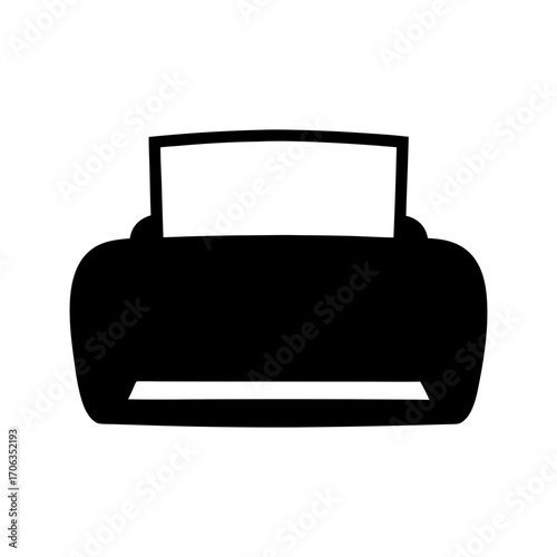 Simple black and white image depicting a printer with paper tray visible