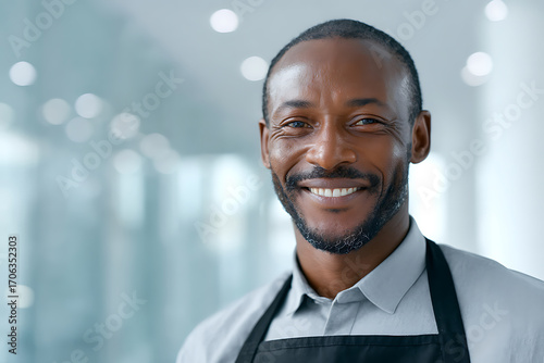 elderly janitor character, elderly janitor smiling while working at a well-kept indoor area, holding cleaning tools in a bright, diverse environment