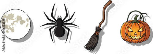 Halloween icons featuring a moon spider broom and jack o lantern on white
