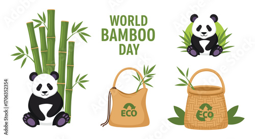 Celebrate World Bamboo Day with adorable pandas eco-friendly bags and lush bamboo stalks promoting sustainability and nature, Generative AI.
