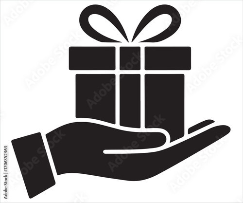 Silhouette of hand holding gift box with ribbon bow, vector illustration symbolizing celebration, present, surprise, holiday, generosity, giving, charity, gratitude, reward, Christmas, birthday, and s