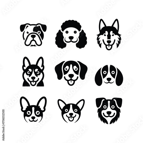 Collection of diverse dog breeds expressive faces icons simple black and white art