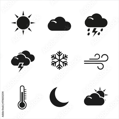 Set of simple flat black weather icons on white background