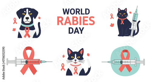 Promote World Rabies Day awareness with cute dog and cat illustrations featuring vaccination syringes and awareness ribbons for public health campaigns, Generative AI.