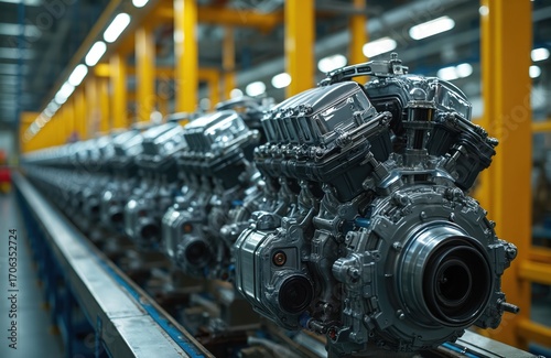 Automobile engine production line, car parts assembled meticulously in manufacturing facility. Rows of shiny metal engines on assembly conveyor. Industrial workshop setting with machinery,