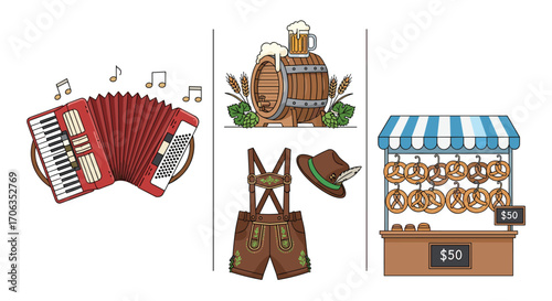 Capture the vibrant spirit of Oktoberfest with traditional music festive attire delicious pretzels and frothy beer barrel icons for your next celebration design, Generative AI.