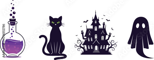Spooky halloween elements including a potion cat haunted house and ghost icons